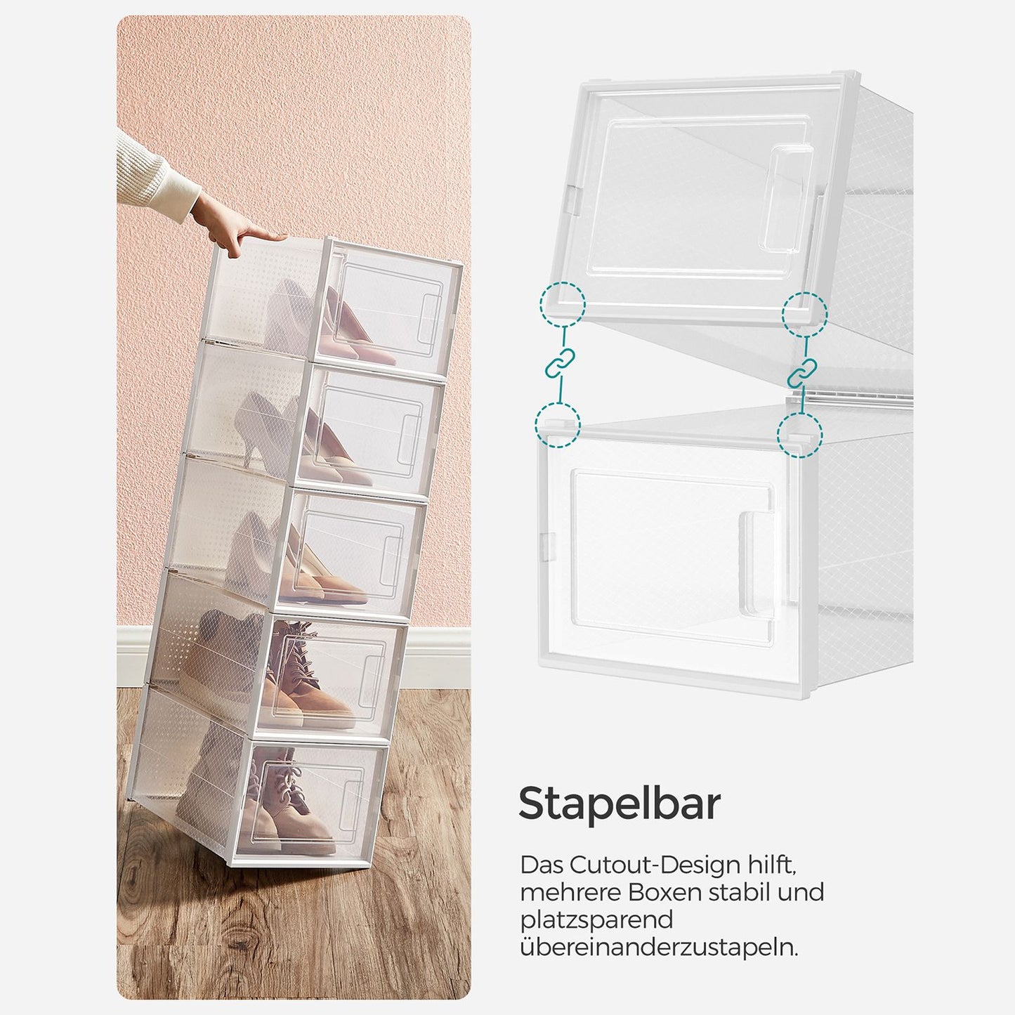 Schuhboxen, 12er Set, schuhorganizer, aus Kunststoff, schuhboxen stapelbar, für Schuhe bis Größe 46, transparent-weiß, SONGMICS, 4