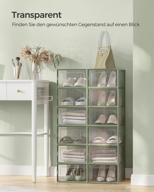 Schuhboxen, 12er Set, Schuhorganizer, aus Kunststoff, Faltbar, für Schuhe bis Größe 44, transparent-lorbeergrün, SONGMICS, 3