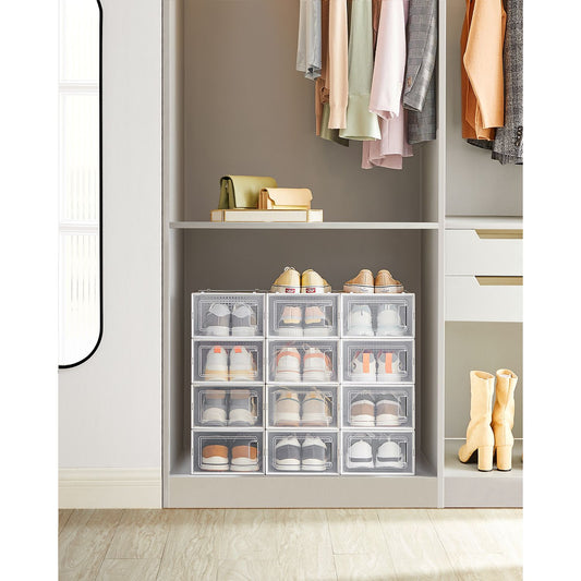 Schuhboxen, 12er Set, Schuhboxen Stapelbar, aus Kunststoff, Schuhorganizer, für Schuhe bis Größe 44, transparent-weiß, SONGMICS, 3
