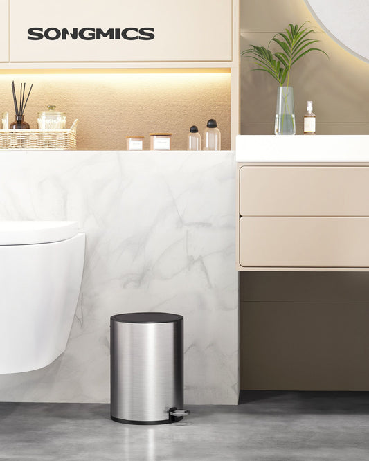 Kosmetikeimer, 3 Liter, Mülleimer Bad, Badmülleimer, mit Deckel, Softclose, metallisches, Silber, SONGMICS 1