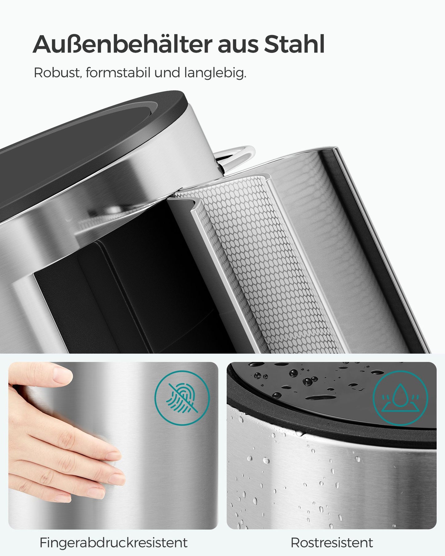 Kosmetikeimer, 3 Liter, Mülleimer Bad, Badmülleimer, mit Deckel, Softclose, metallisches, Silber, SONGMICS, 3