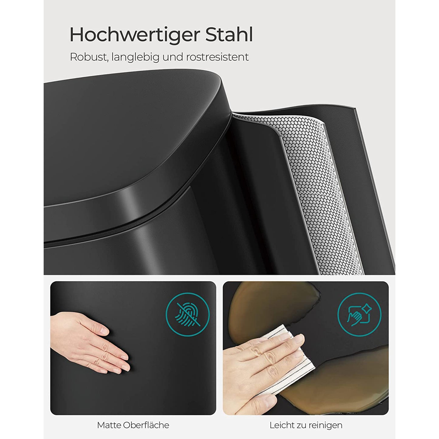Mülleimer 2 Fächer, Doppelmülleimer, 2x15 L, Abfalleimer, Mülleimer Trennsystem, mit Deckel, inklusive 15 Müllbeutel, Schwarz, SONGMICS, 3