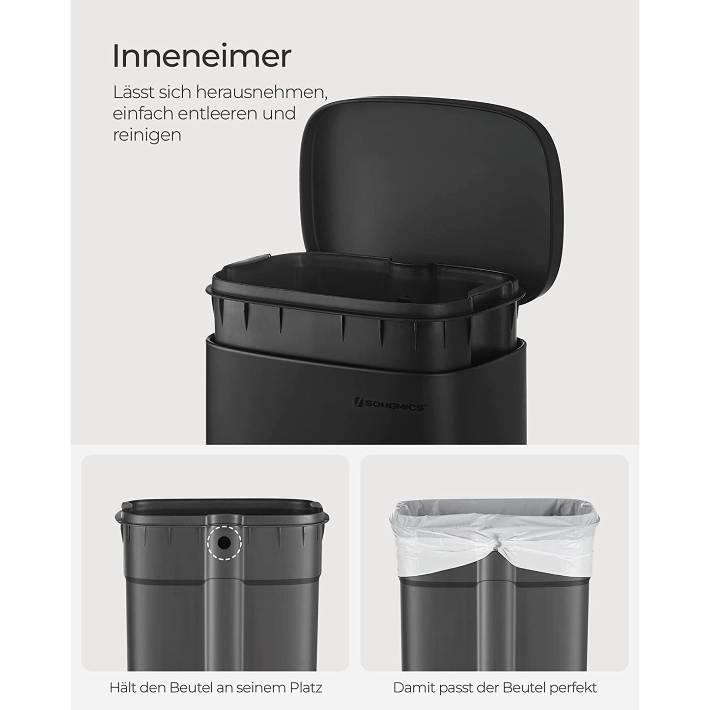Mülleimer 2 Fächer, Doppelmülleimer, 2x15 L, Abfalleimer, Mülleimer Trennsystem, mit Deckel, inklusive 15 Müllbeutel, Schwarz, SONGMICS, 4