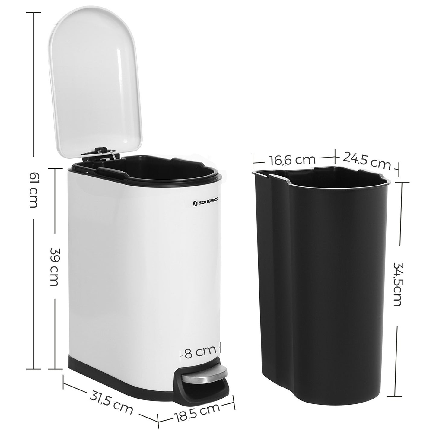 Mülleimer, Abfalleimer, 10L, Mülleimer Bad, Deckel, Treteimer für Toilette, kompakt, kleiner Raum, Weiß, SONGMICS, 7