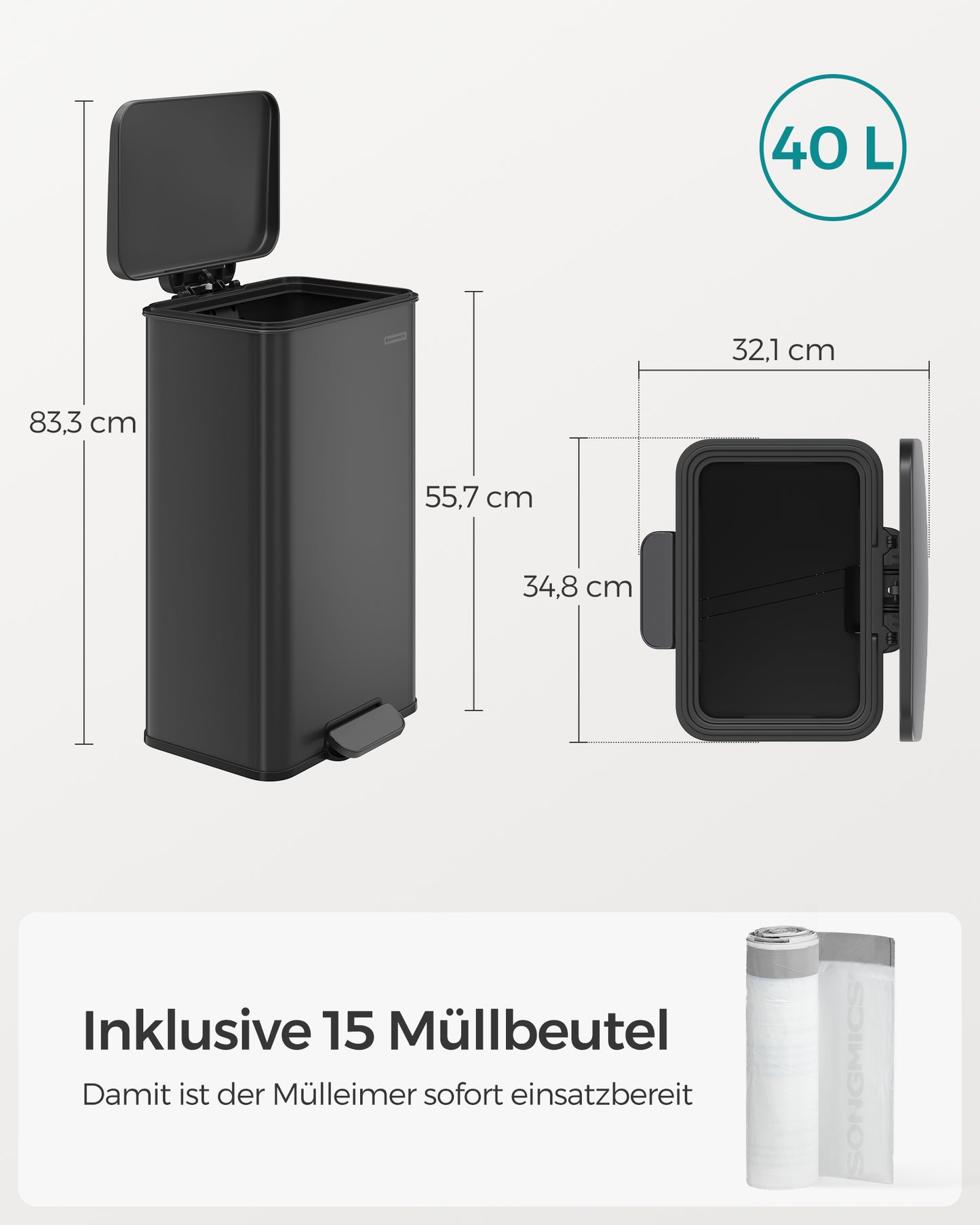 Mülleimer, 40 L, Abfalleimer, Mülleimer Küche, großer Tretmülleimer, mit Deckel, inklusive 15 Müllbeutel, Schwarz, SONGMICS, 6