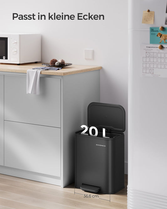 Mülleimer, 20 L, Abfalleimer mit Deckel, Mülleimer Küche, Tretmülleimer, Stahl, Softclose, mit Inneneimer, Schwarz, SONGMICS, 2