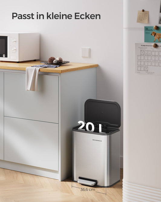 Mülleimer, 20 L, Abfalleimer mit Deckel, Mülleimer Küche, Tretmülleimer, Stahl, Softclose, mit Inneneimer, Silber, SONGMICS, 2