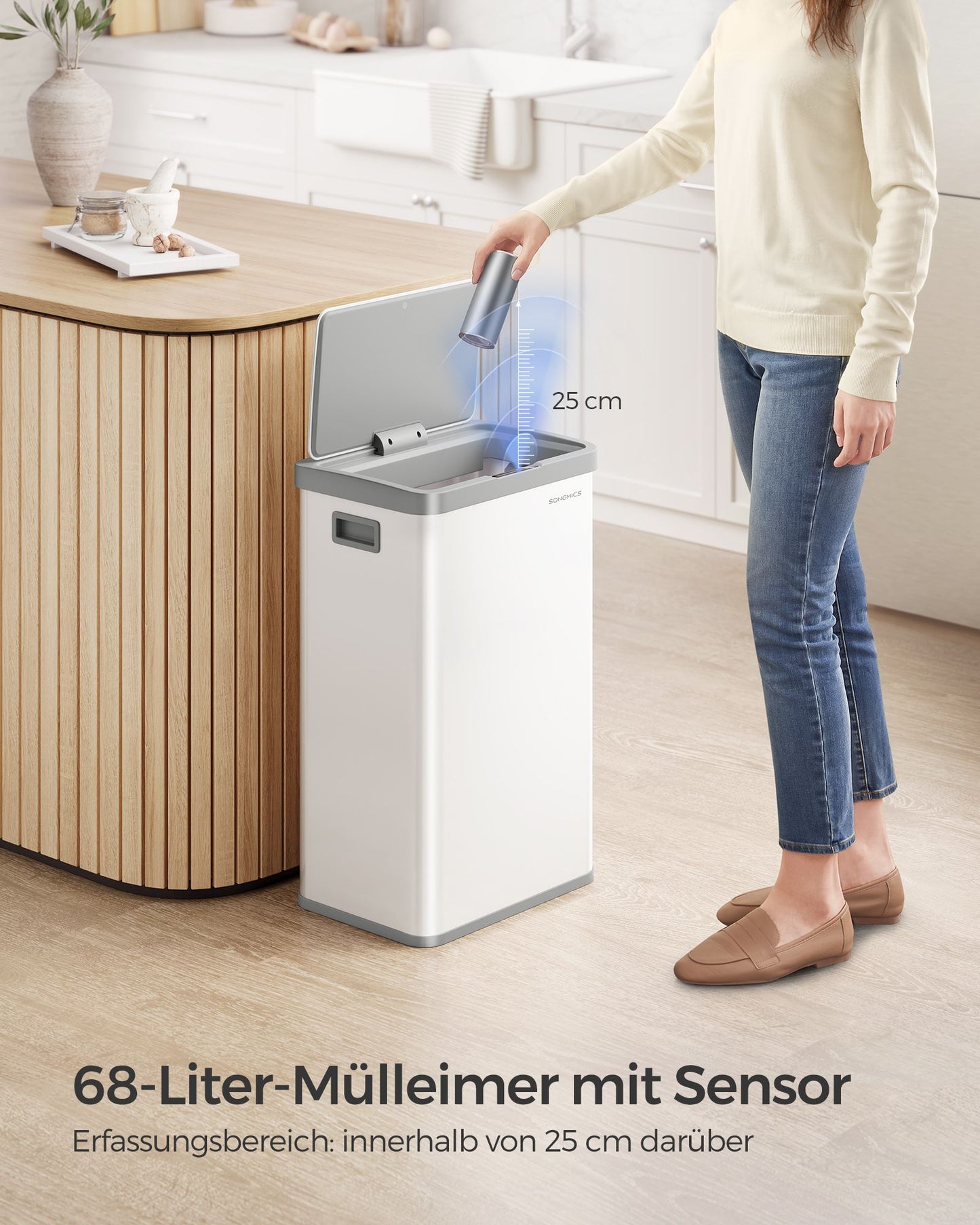 Mülleimer, 68L, Mülleimer Groß, Abfalleimer mit Deckel, mit automatischer Soft-Close, 15 Müllbeutel enthalten, Weiß, SONGMICS, 8