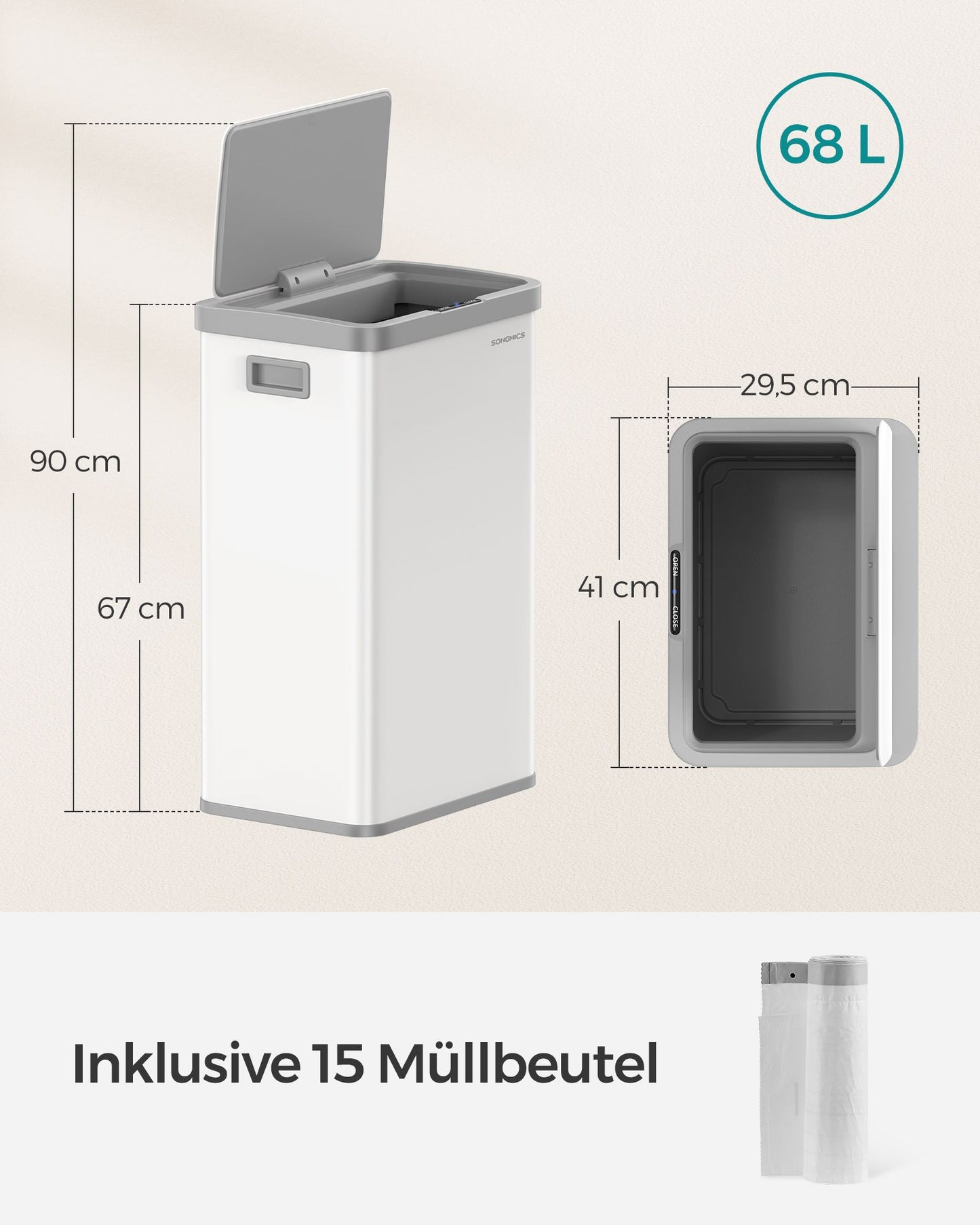 Mülleimer, 68L, Mülleimer Groß, Abfalleimer mit Deckel, mit automatischer Soft-Close, 15 Müllbeutel enthalten, Weiß, SONGMICS, 7