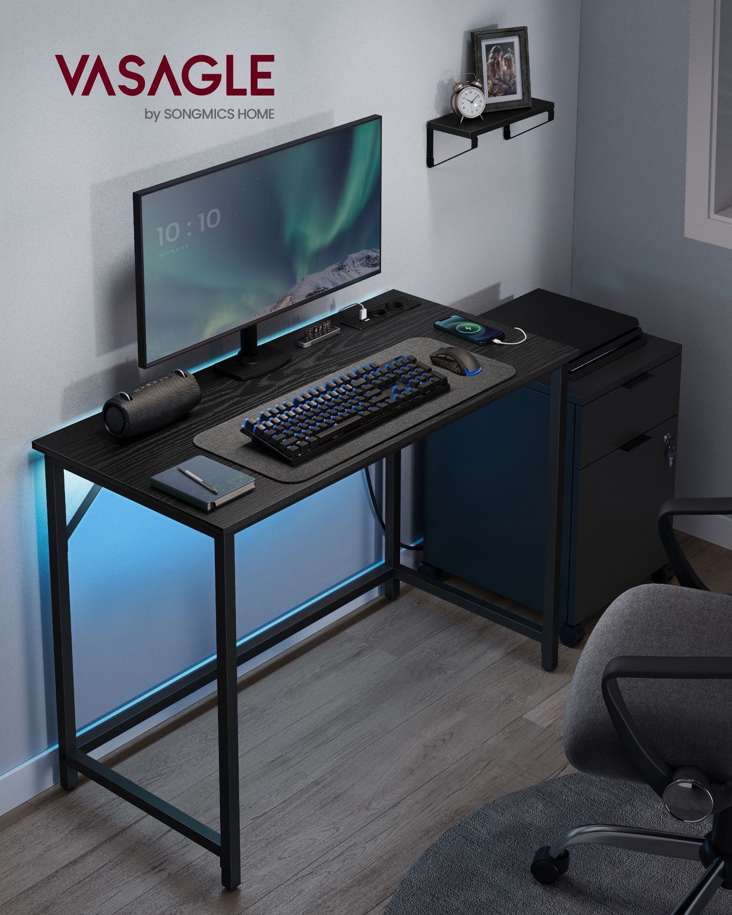 Schreibtisch, Gaming Schreibtisch, mit LED-Beleuchtung, PC-Tisch, Steckdosenleiste, Computertisch, Schwarz, Vasagle, 2