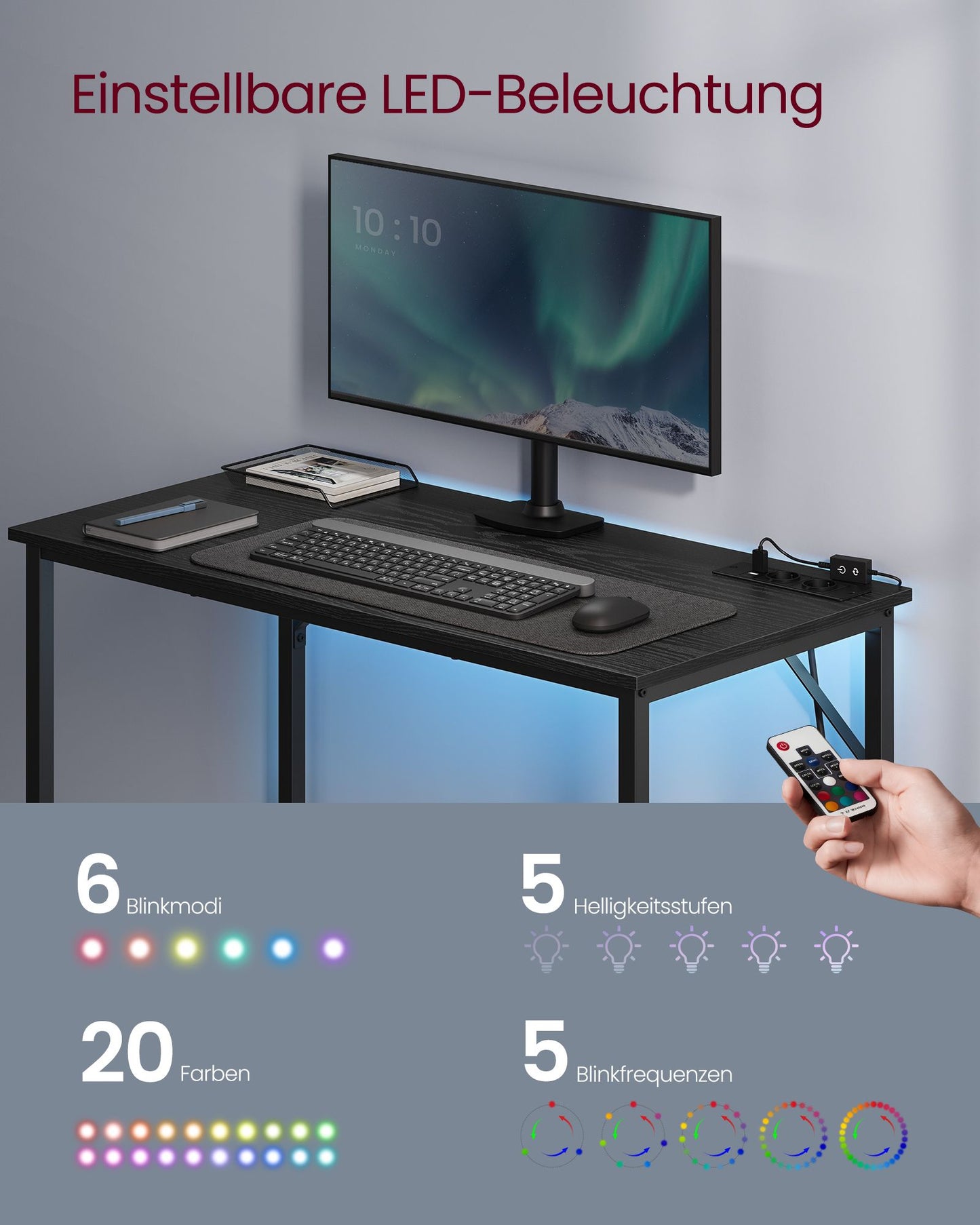 Schreibtisch, Gaming Schreibtisch, mit LED-Beleuchtung, PC-Tisch, Steckdosenleiste, Computertisch, Schwarz, Vasagle, 3