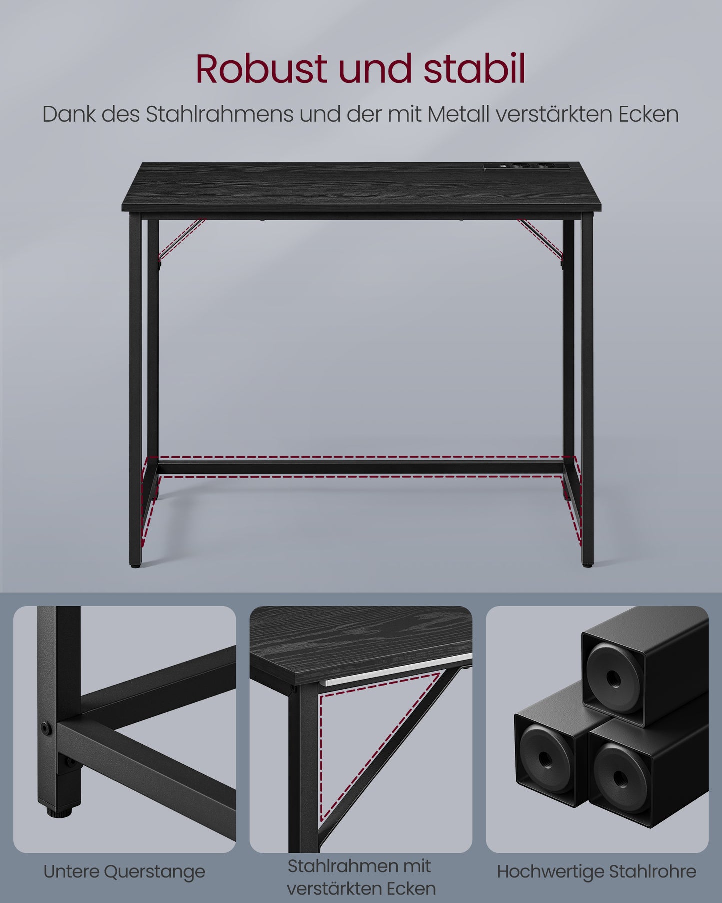 Schreibtisch, Gaming Schreibtisch, mit LED-Beleuchtung, PC-Tisch, Steckdosenleiste, Computertisch, Schwarz, Vasagle, 5