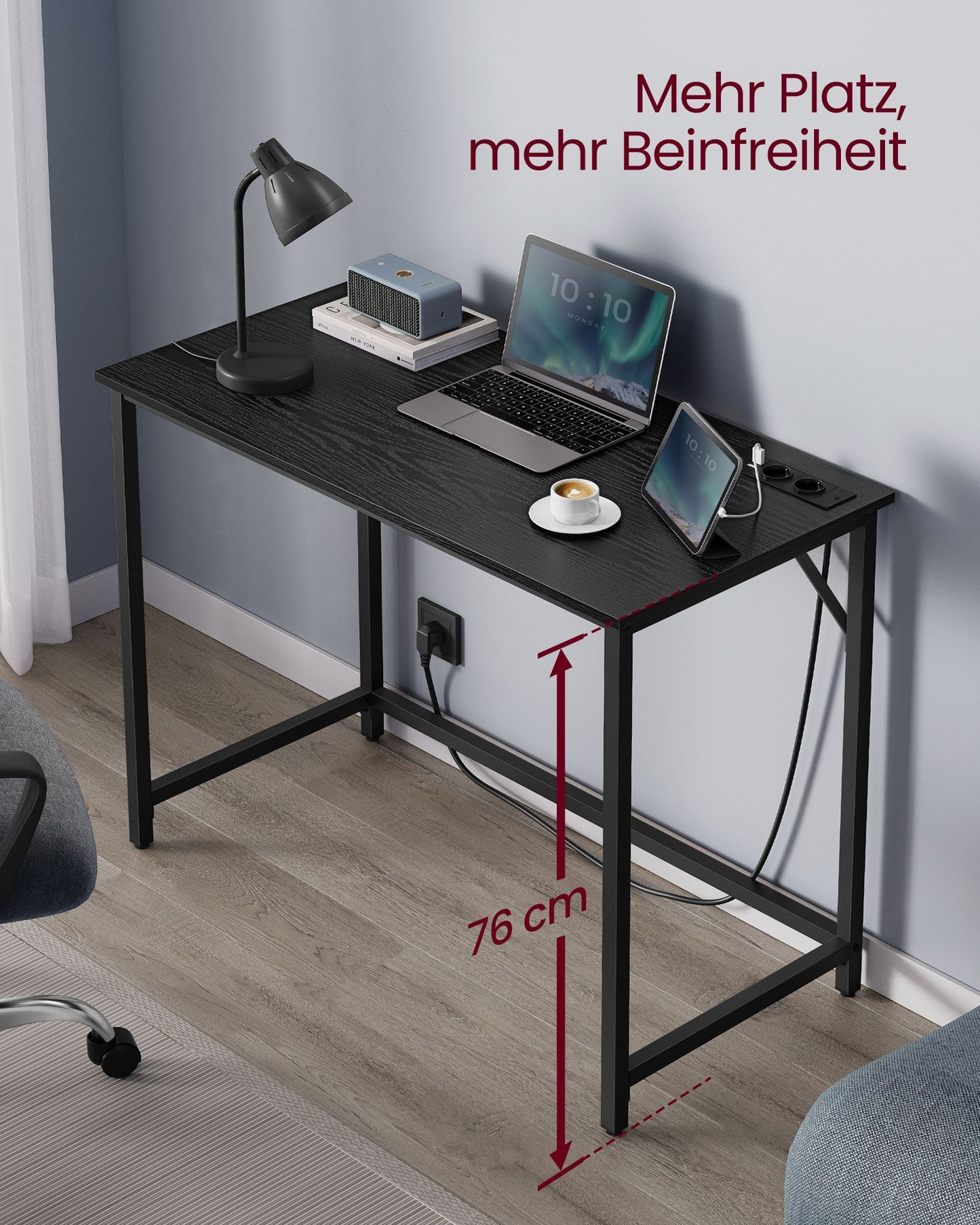 Schreibtisch, Gaming Schreibtisch, mit LED-Beleuchtung, PC-Tisch, Steckdosenleiste, Computertisch, Schwarz, Vasagle, 6