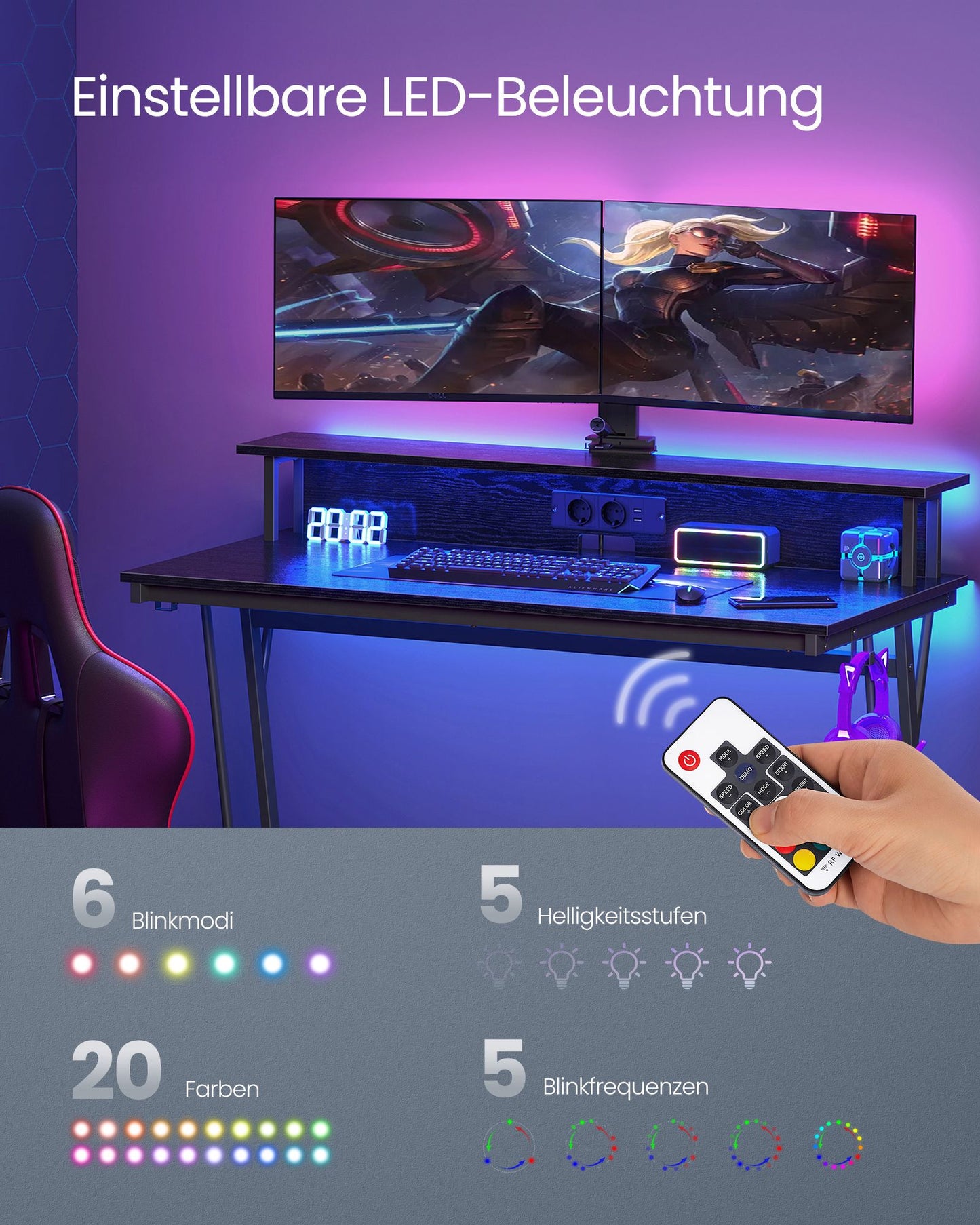 Gaming Schreibtisch, mit eingebauter Steckdosenleiste, Computertisch, mit Monitorständer für 2 Monitore, Schwarz, Vasagle, 4