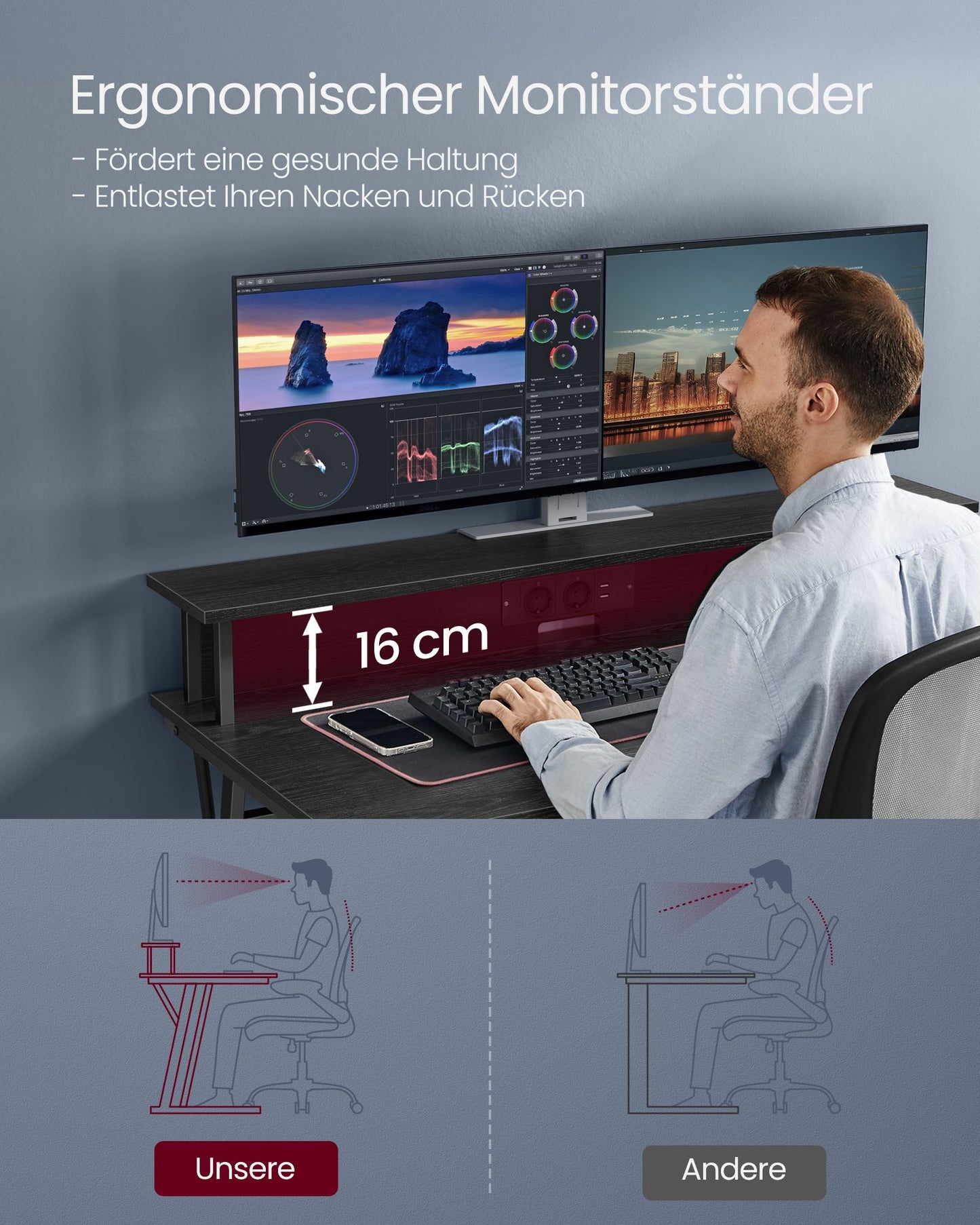Gaming Schreibtisch, mit eingebauter Steckdosenleiste, Computertisch, mit Monitorständer für 2 Monitore, Schwarz, Vasagle, 6