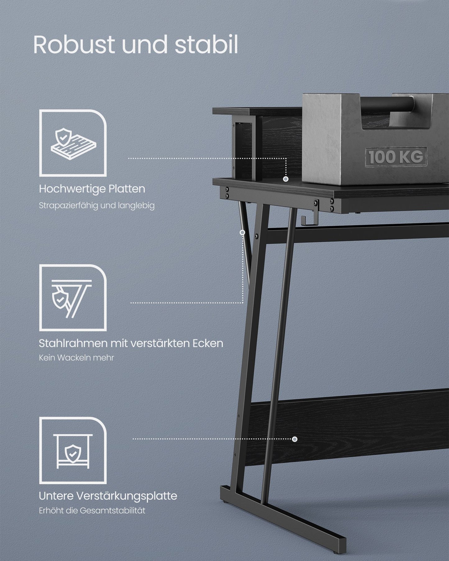 Gaming Schreibtisch, mit eingebauter Steckdosenleiste, Computertisch, mit Monitorständer für 2 Monitore, Schwarz, Vasagle, 7