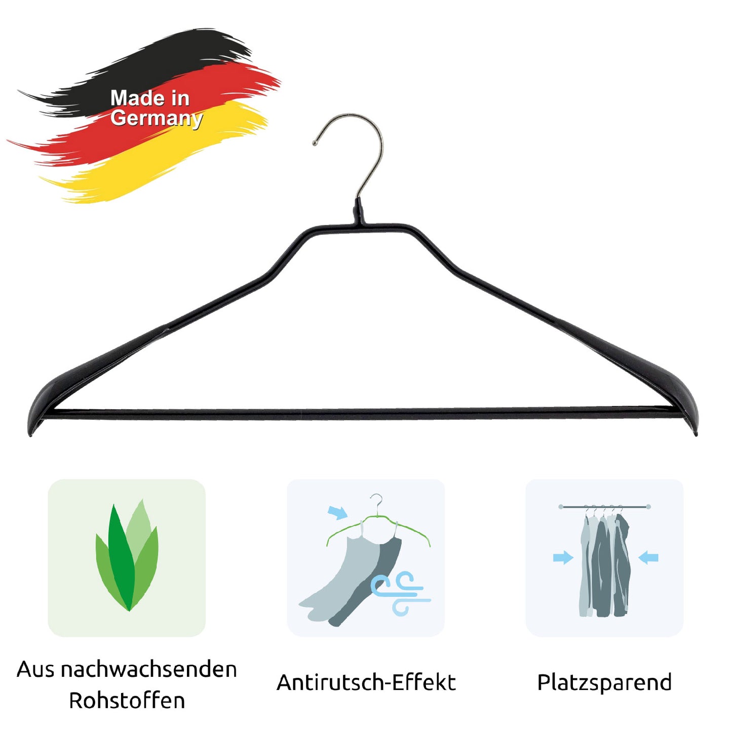 Kleiderbügel, mit Klammernsteg, 10er, Hosenbügel, Breite 42 cm, Garderobenbügel, 360° drehbarem Haken, MAWA Bodyform LK - Schwarz, 2