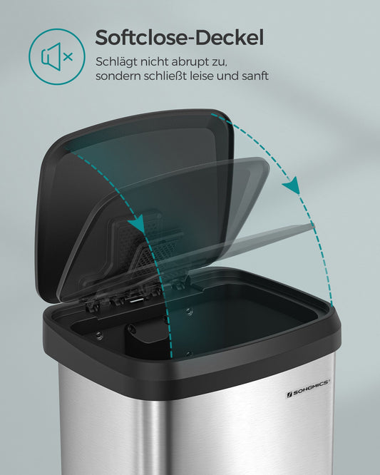 Mülleimer Küche, 50 L aus Metall, Abfalleimer mit deckel, Softclose, Fußpedal, Stahl, silbern-schwarz, SONGMICS, 2