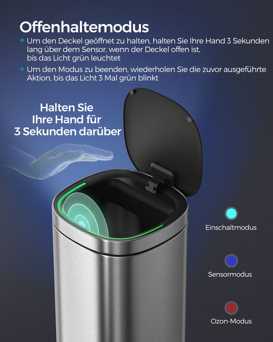 Mülleimer Küche, 50 L, mit Bewegungssensor, automatisch, Mülleimer groß, Abfalleimer mit Deckel, Stahl, silbern, SONGMICS, 4