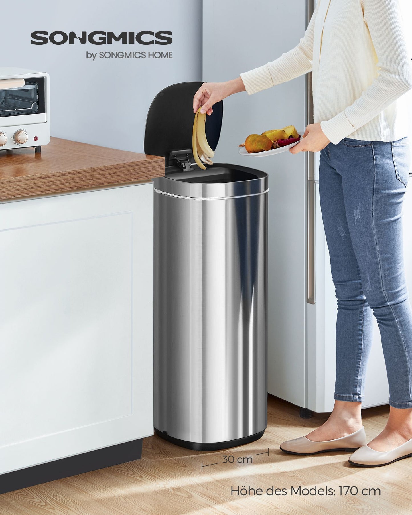 Mülleimer Küche, 50 L, mit Bewegungssensor, automatisch, Mülleimer groß, Abfalleimer mit Deckel, Stahl, silbern, SONGMICS, 6