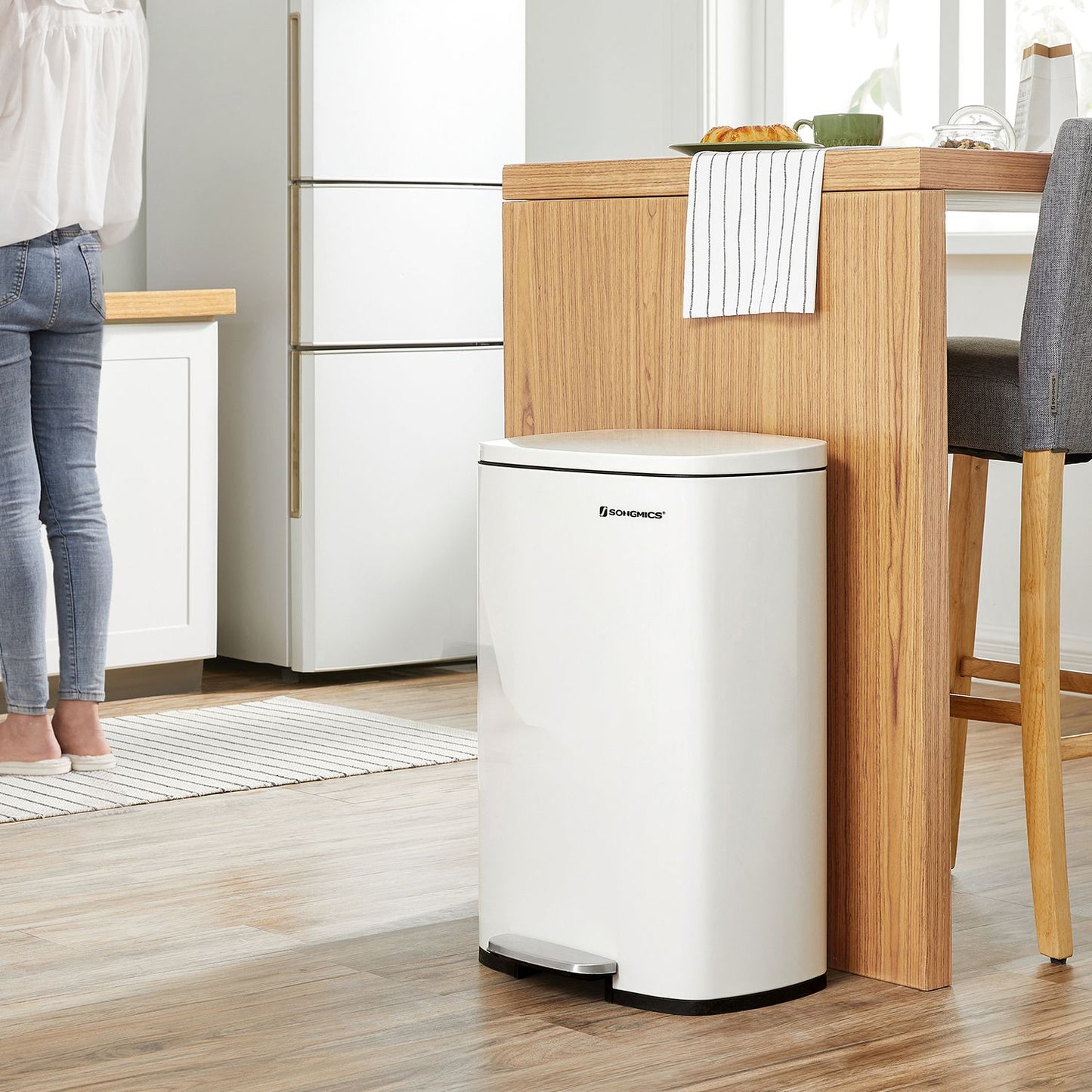 Mülleimer Küche, 50 Liter, Mülleimer groß, Abfalleimer mit deckel, Treteimer, Fußpedal, Inneneimer, weiß, SONGMICS, 5
