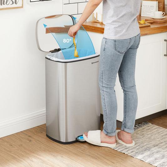 Mülleimer Küche, 50 Liter, Mülleimer groß, Abfalleimer mit deckel, Treteimer, Softclose, Fußpedal, silbern, SONGMICS, b