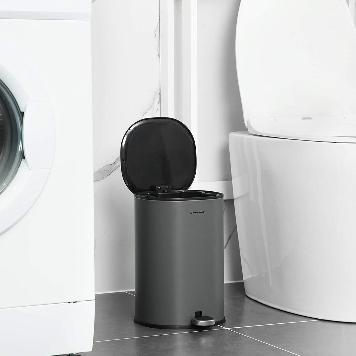 Mülleimer Bad, 5 L, Badezimmer Mülleimer, Kosmetikeimer, Pedal aus Stahl, Inneneimer und Deckel, Grau Schwarz, SONGMICS 1