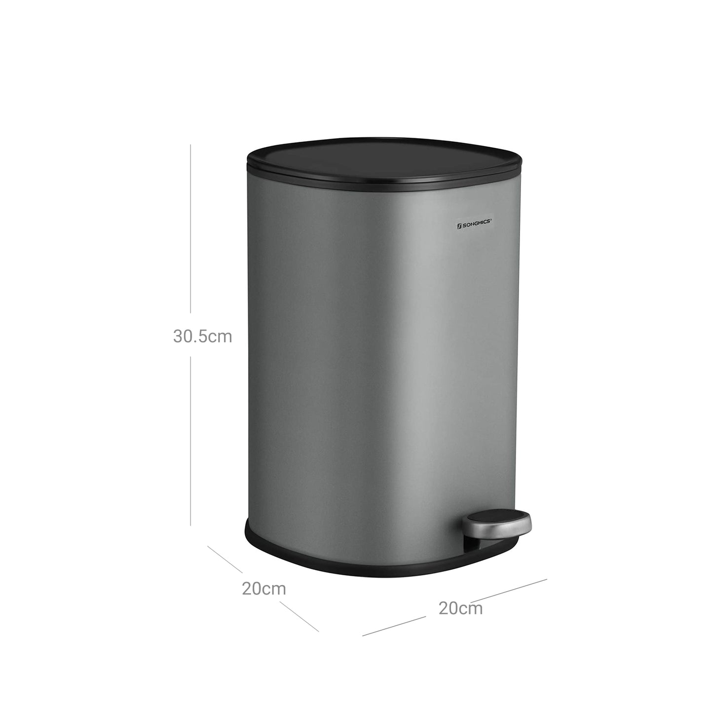 Mülleimer Bad, 5 L, Badezimmer Mülleimer, Kosmetikeimer, Pedal aus Stahl, Inneneimer und Deckel, Grau Schwarz, SONGMICS, 5