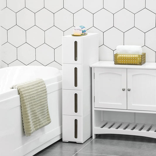 Nischenregal, Nischenwagen, 4 Schubladen, Regal Küche, Rollwagen mit Schubladen, Rollwagen Küche, Badregal, Weiß, Songmics, 3