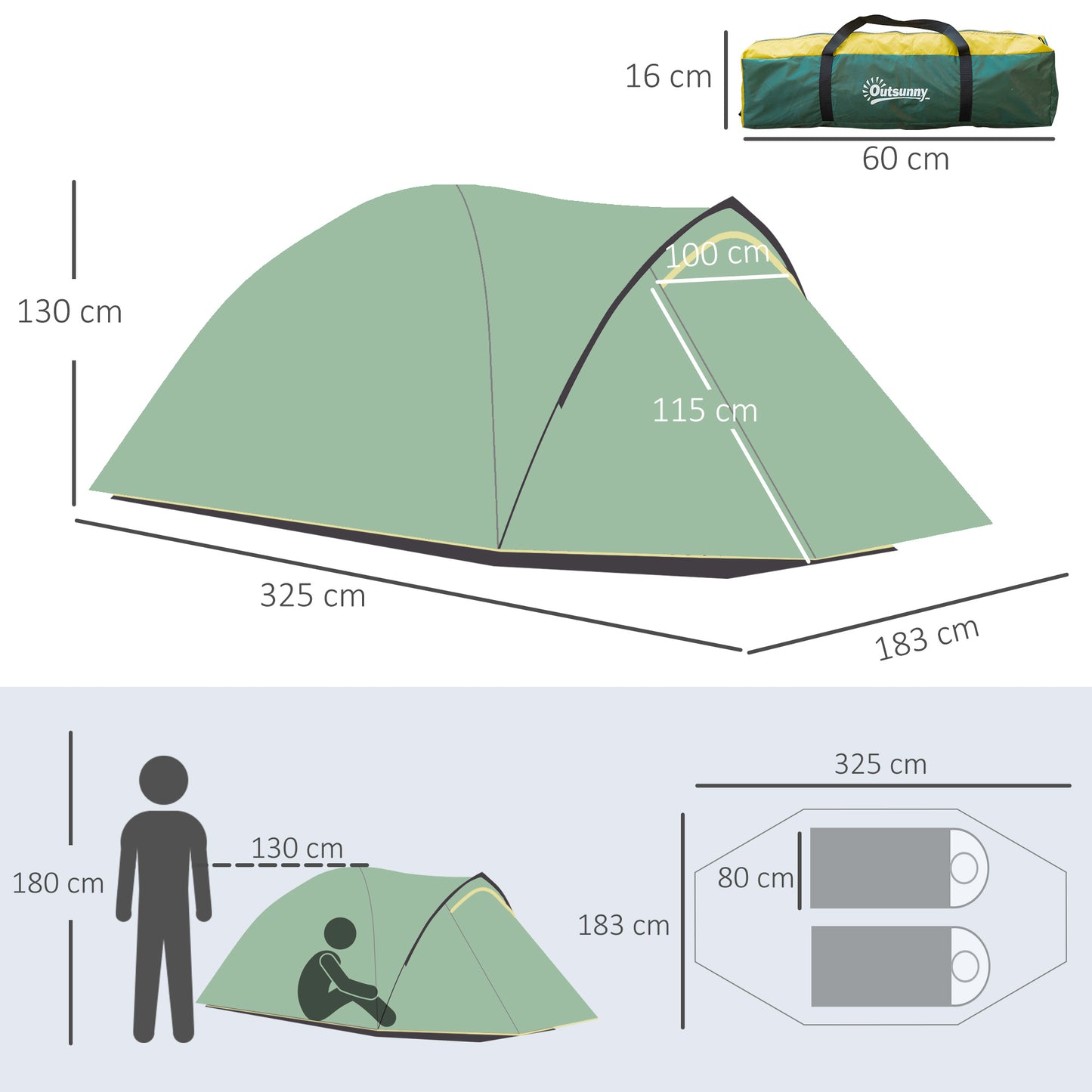 Outsunny - Kuppelzelt 2-3 Personen 190T Glasfaser Polyester Grün+Gelb 325x183x130cm Heringe
