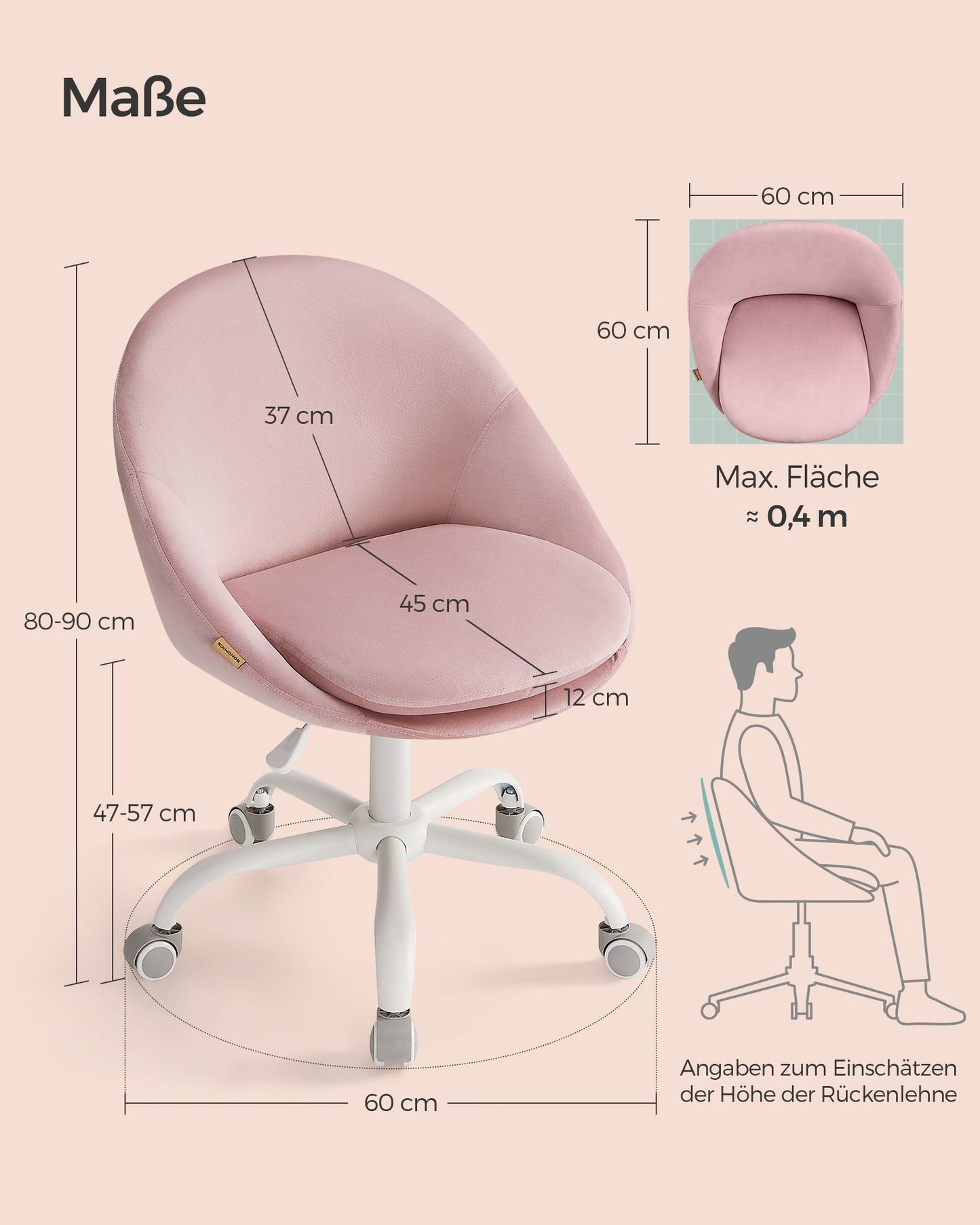 Schreibtischstuhl, Schminkstuhl, Ergonomischer Stuhl, Drehstuhl, höhenverstellbar, bis zu 110kg, Einfache Montage, Rosa, Songmics, 1