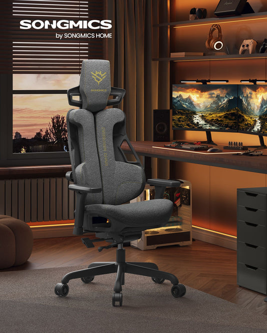 Gaming Stuhl, Gaming Sessel, Ergonomischer Stuhl, Bürostuhl, Neigbare Rückenlehne, H-förmige Rückenstütze, Grau, Songmics, 1