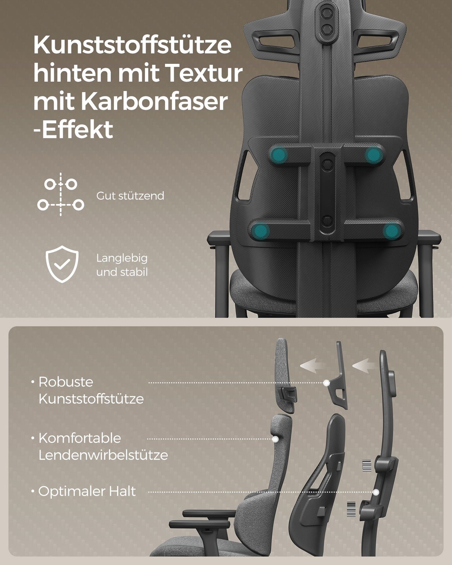 Gaming Stuhl, Gaming Sessel, Ergonomischer Stuhl, Bürostuhl, Neigbare Rückenlehne, H-förmige Rückenstütze, Grau, Songmics, 1
