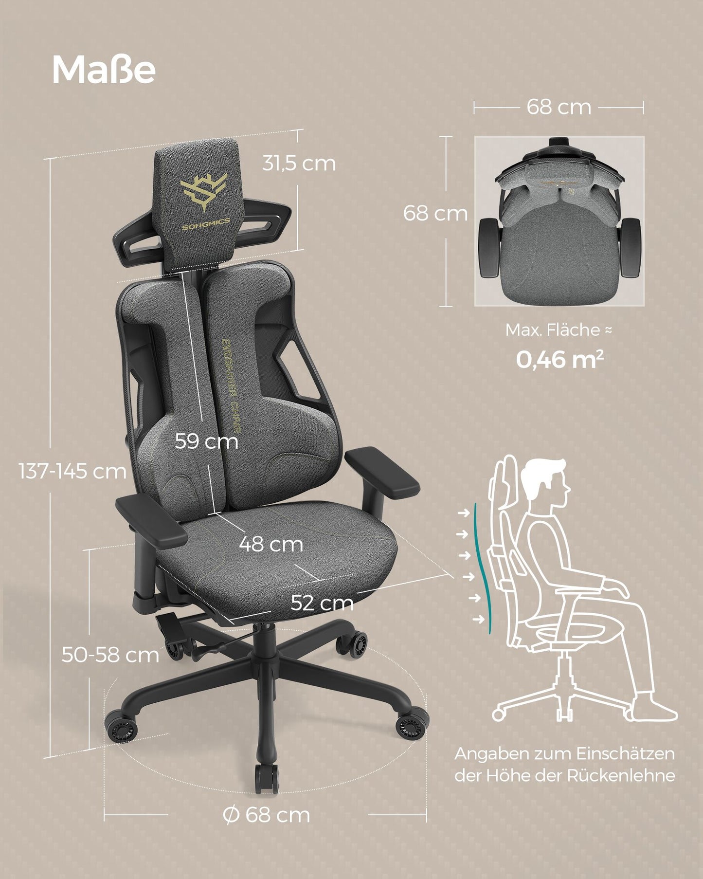 Gaming Stuhl, Gaming Sessel, Ergonomischer Stuhl, Bürostuhl, Neigbare Rückenlehne, H-förmige Rückenstütze, Grau, Songmics, 1