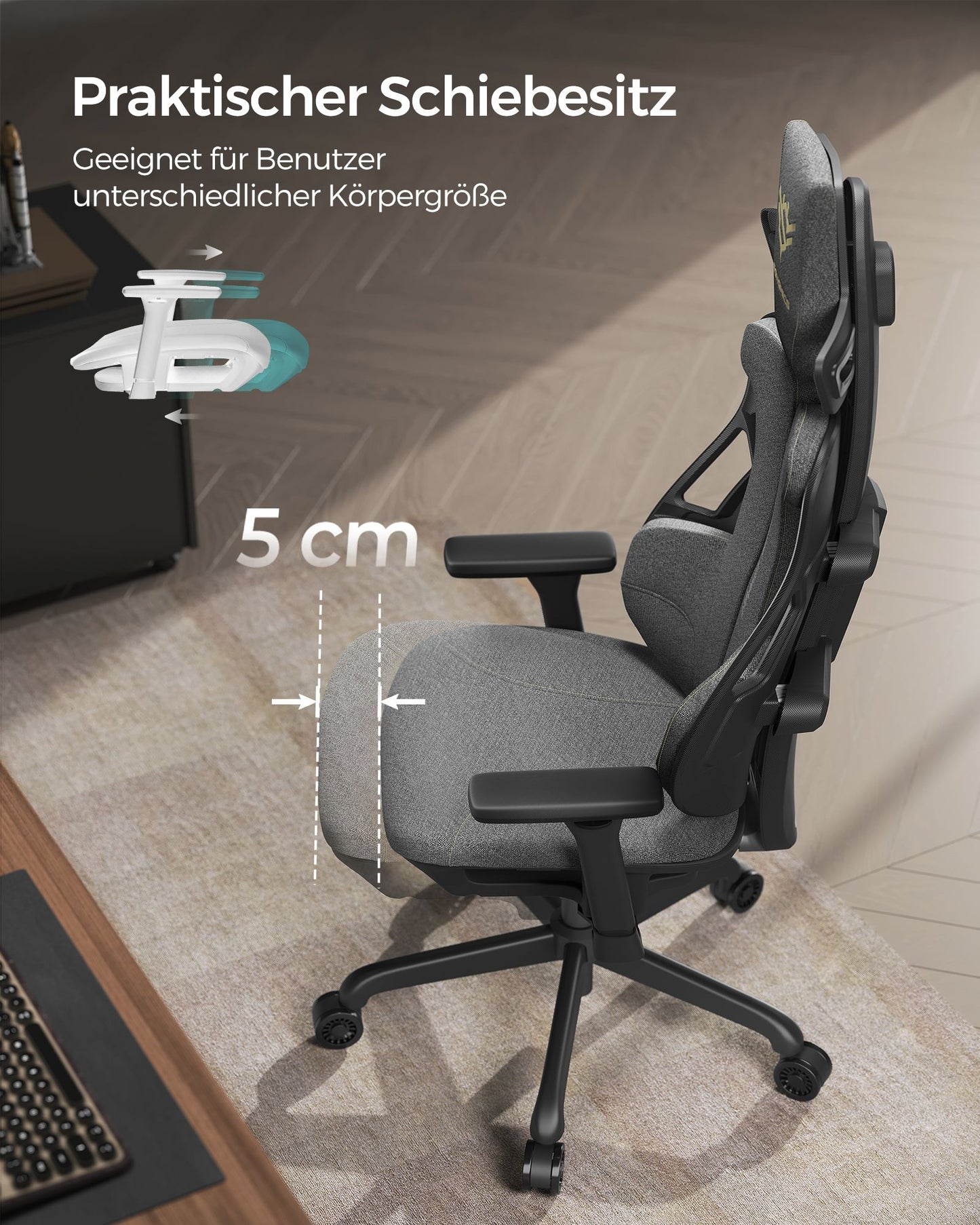 Gaming Stuhl, Gaming Sessel, Ergonomischer Stuhl, Bürostuhl, Neigbare Rückenlehne, H-förmige Rückenstütze, Grau, Songmics, 1