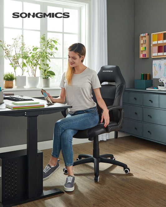 Gaming Stuhl, Gaming Sessel, Ergonomischer Bürostuhl, mit Wippfunktion, Racing Chair, bis 150 kg belastbar, Schwarz, Songmics, 1