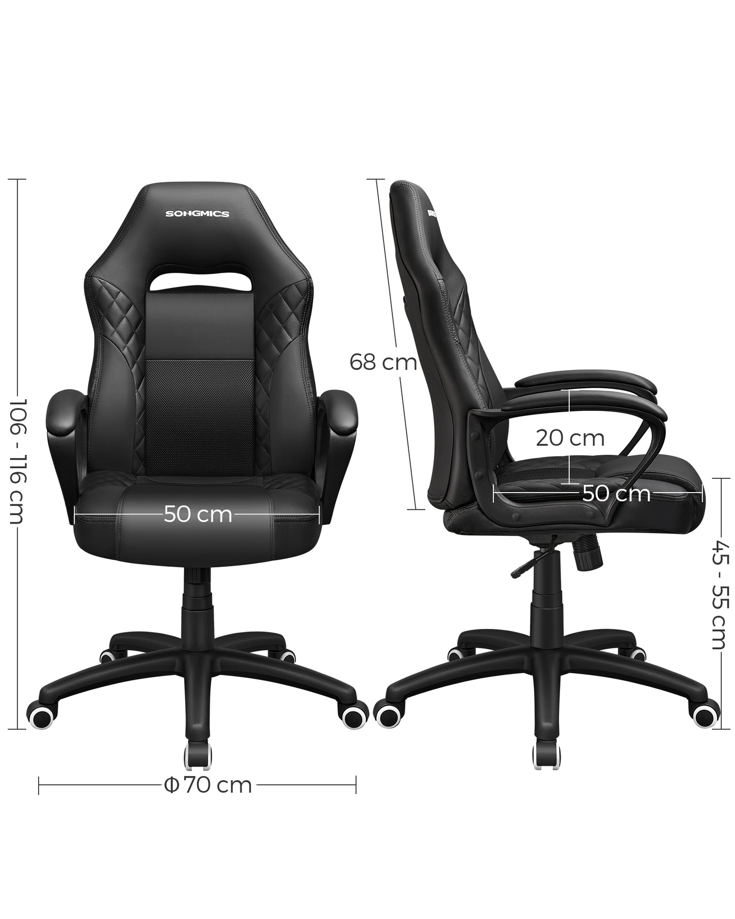 Gaming Stuhl, Gaming Sessel, Ergonomischer Bürostuhl, mit Wippfunktion, Racing Chair, bis 150 kg belastbar, Schwarz, Songmics, 1