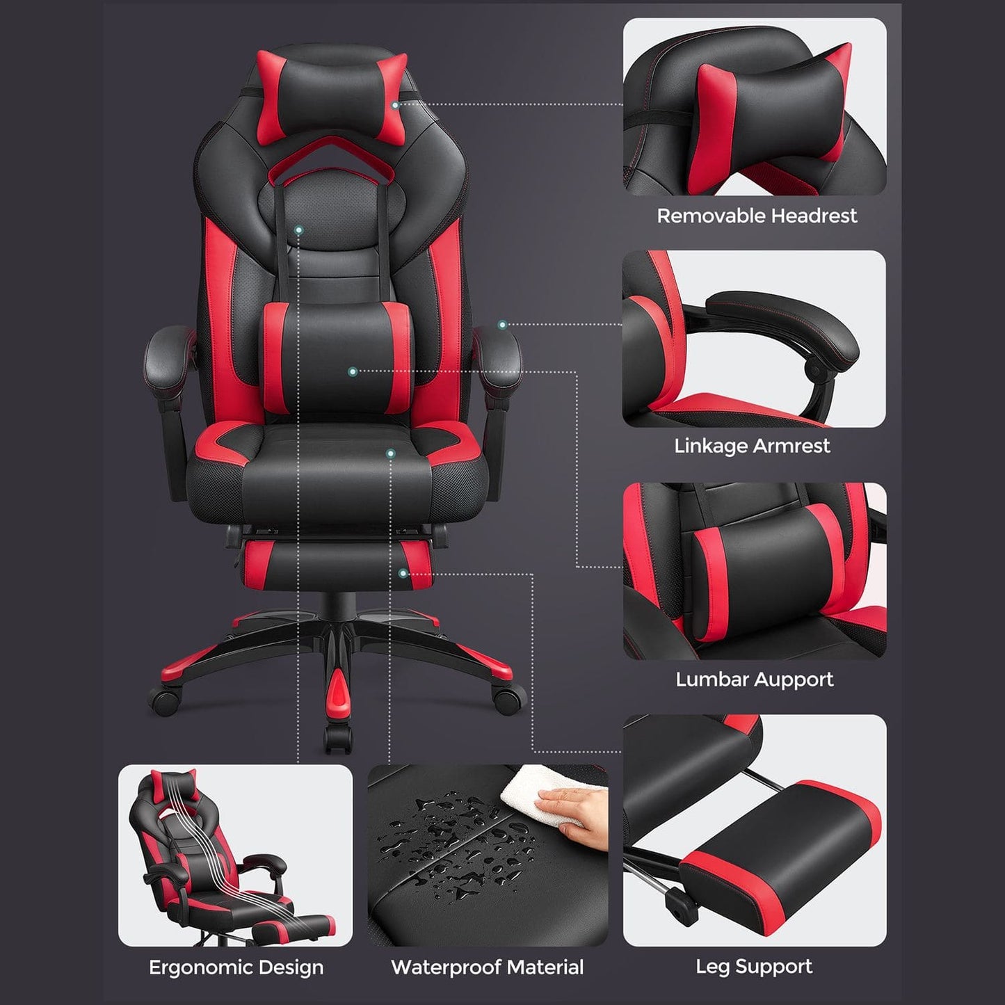 Gaming stuhl, bürostühle kaufen, home office stuhl, gaming stühle, Schwarz Rot - SONGMICS 1