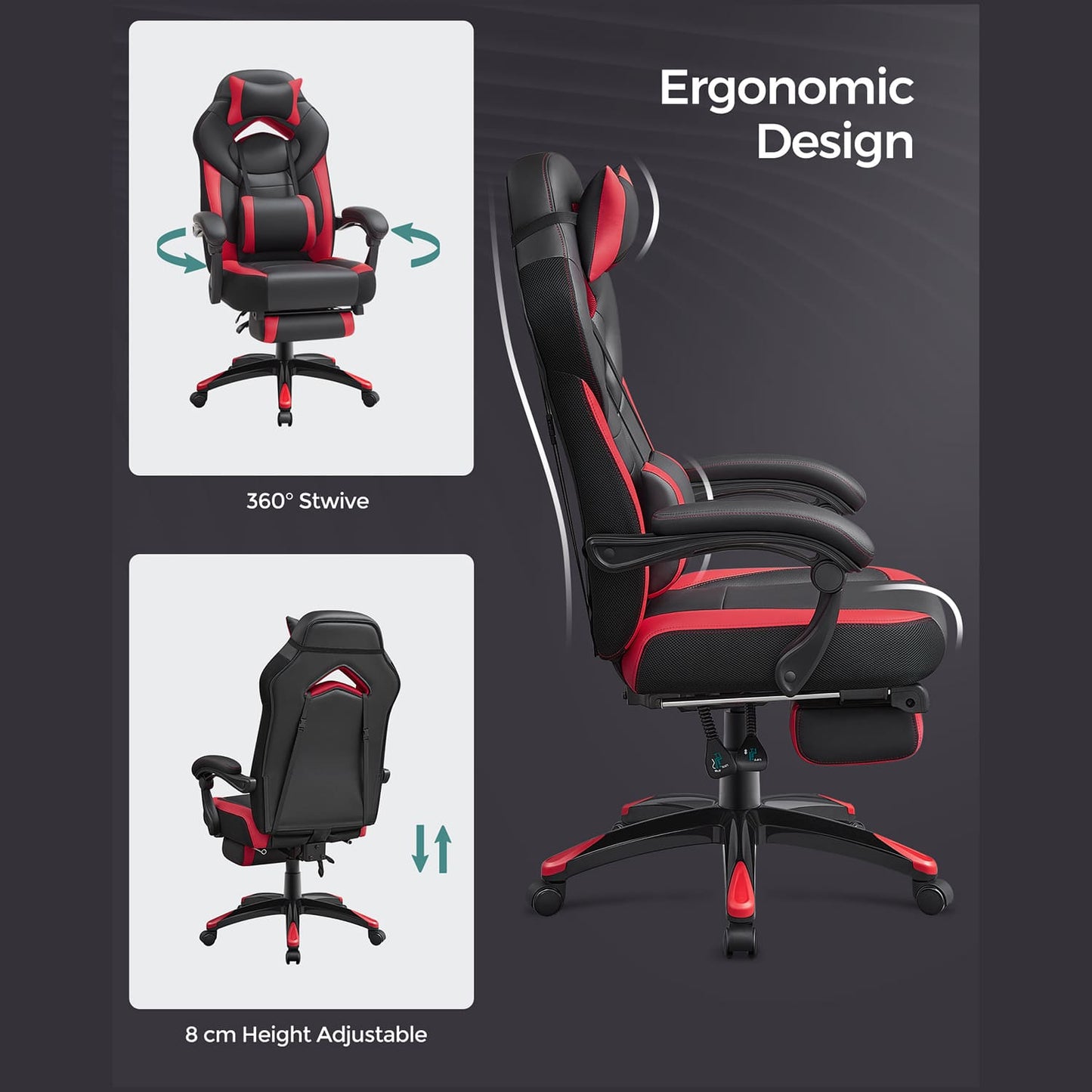 Gaming stuhl, bürostühle kaufen, home office stuhl, gaming stühle, Schwarz Rot - SONGMICS 3