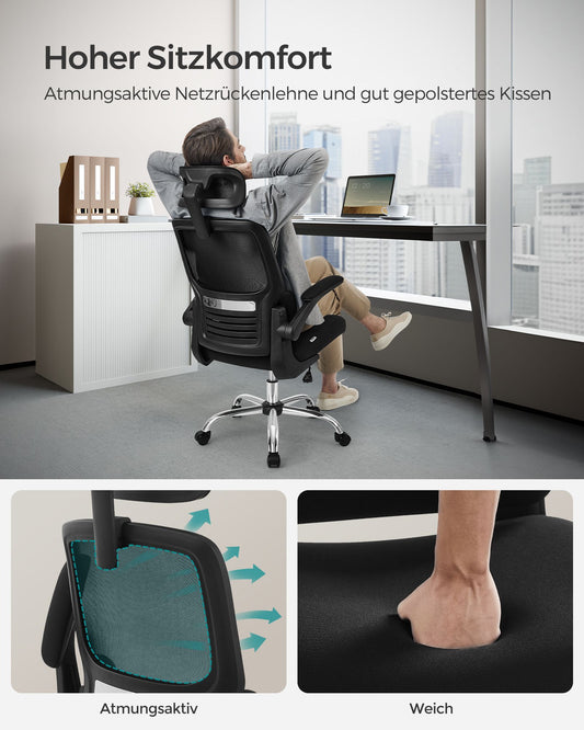 Bürostuhl, Schreibtischstuhl, Ergonomischer stuhl, Chefsessel, klappbare Armlehnen, hohe Rückenlehne, Schwarz, Songmics, 1