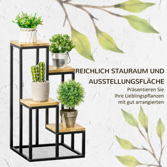 Pflanzenregal, Blumenregal balkon, Blumentreppe mit 4 Ebenen, mehrstöckiger Pflanzenständer, Holz, Natur, Outsunny, 2
