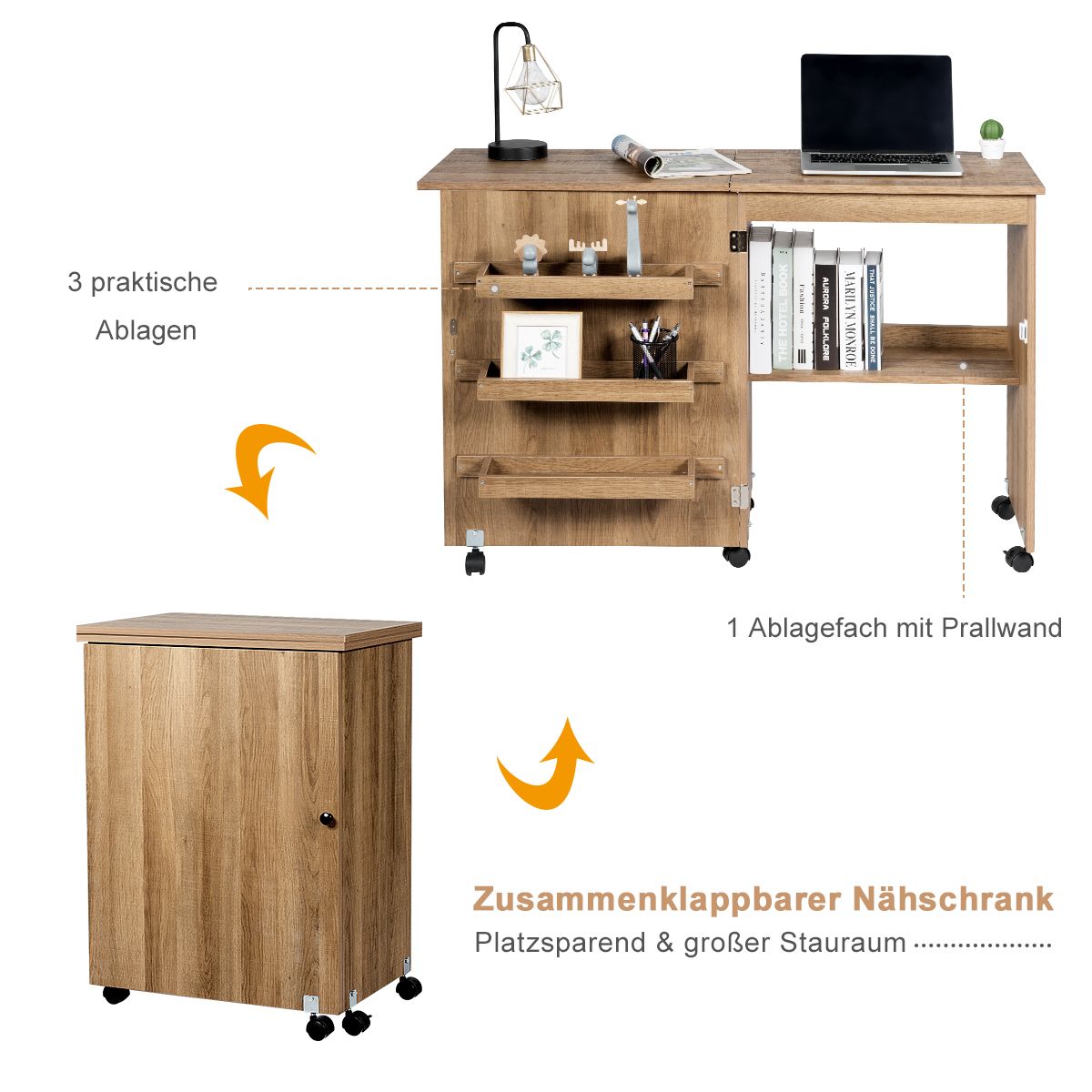 PC Tisch, Bürotisch, Computer schreibtisch, Nähmaschinentisch Zusammenklappbarer Nähtisch mit Ablagefächern, Natur, Costway, 6