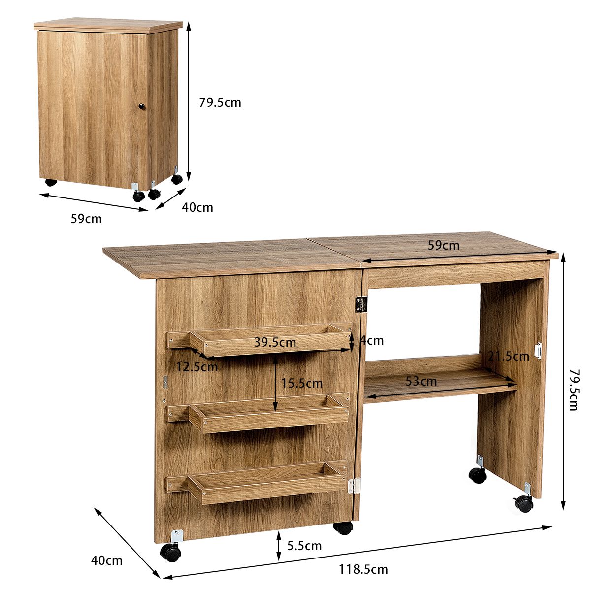 PC tisch, Bürotisch, Computer schreibtisch, Nähmaschinentisch Zusammenklappbarer Nähtisch mit Ablagefächern, Natur, Costway, 8