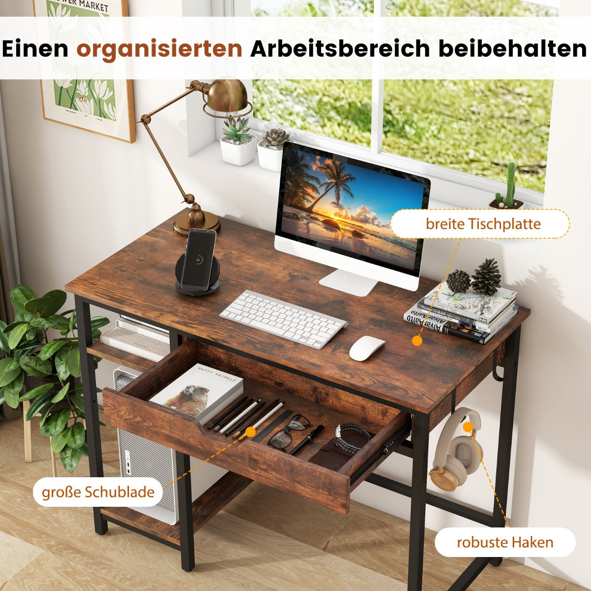 PC Tisch, Computertisch, PC Schreibtisch, Computer Schreibtisch, Schreibtisch mit Schubladen, Costway, 2