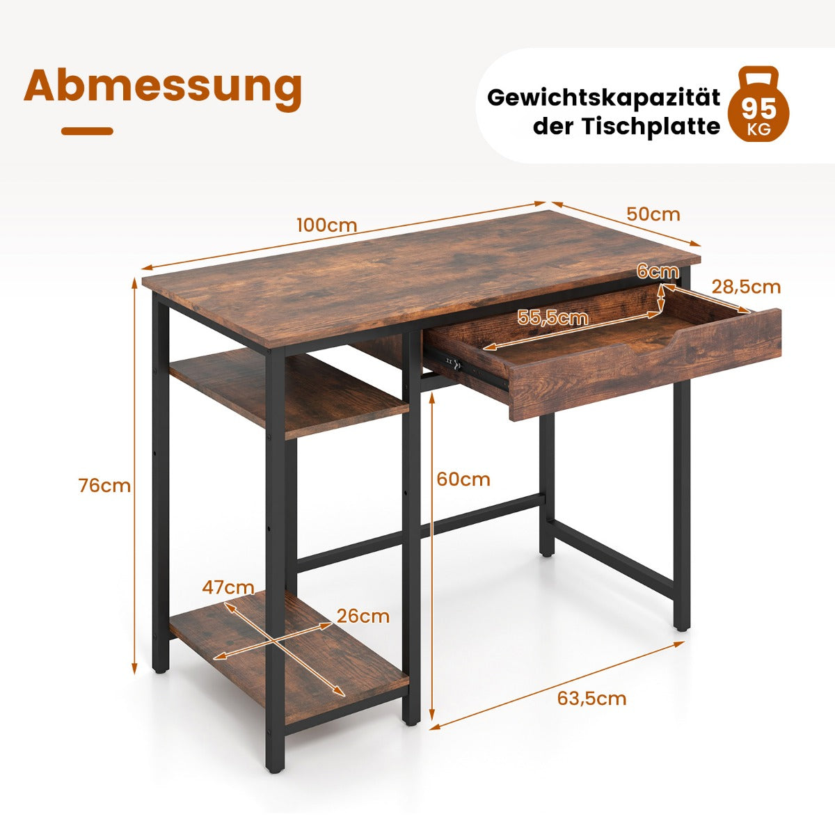 PC Tisch, Computertisch, PC Schreibtisch, Computer Schreibtisch, Schreibtisch mit Schubladen, Costway, 5