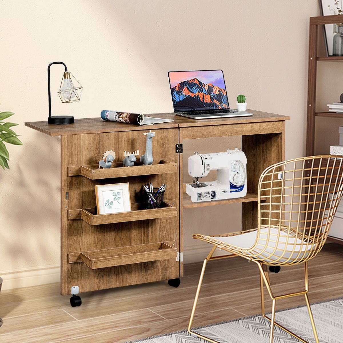 PC tisch, Bürotisch, Computer schreibtisch, Nähmaschinentisch Zusammenklappbarer Nähtisch mit Ablagefächern, Natur, Costway