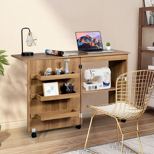 PC tisch, Bürotisch, Computer schreibtisch, Nähmaschinentisch Zusammenklappbarer Nähtisch mit Ablagefächern, Natur, Costway