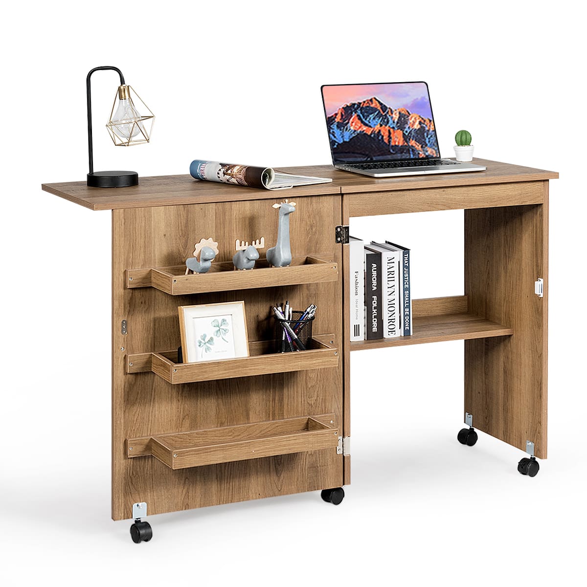 PC tisch, Bürotisch, Computer schreibtisch, Nähmaschinentisch Zusammenklappbarer Nähtisch mit Ablagefächern, Natur, Costway, 2