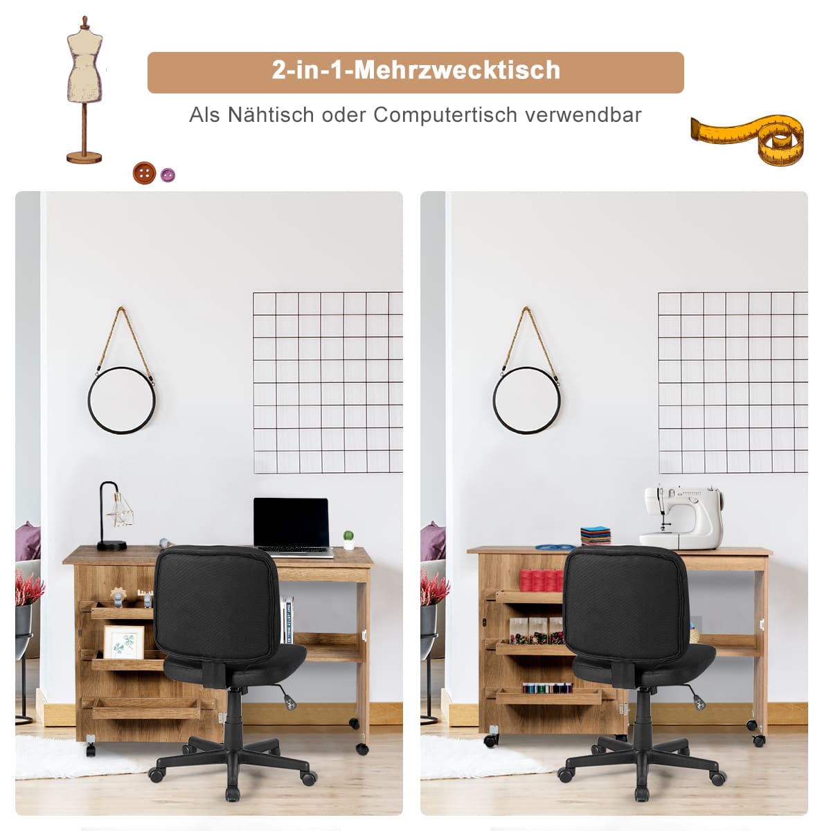 PC tisch, Bürotisch, Computer schreibtisch, Nähmaschinentisch Zusammenklappbarer Nähtisch mit Ablagefächern, Natur, Costway, 5