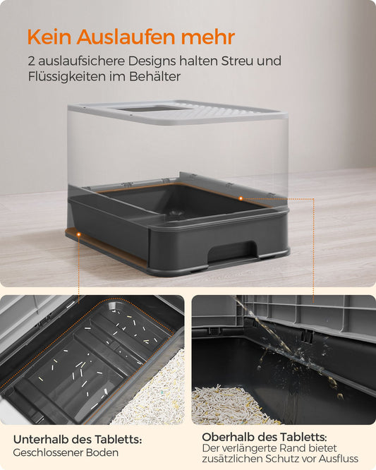 Katzentoilette, Katzenklo, Katzenklo mit deckel, ausziehbares Tablett, Schaufel, Bürste, bis 15kg, anthrazitgrau, Feandrea, 2
